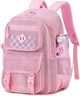 Mesh Backpack, Heavy Duty Net Bookbag Ultra-Lightweight See Through Backpack Breathable Transparent Backpack Clear Bag for School Beach Sports Gym, Pink