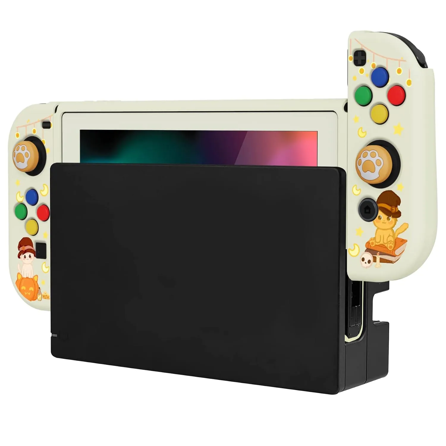 PlayVital ZealProtect Soft Protective Case for Nintendo Switch, Flexible Cover Protector for Switch with Screen Protector & Thumb Grip Caps & ABXY Direction Button Caps - Triplets Pumpkin Cats