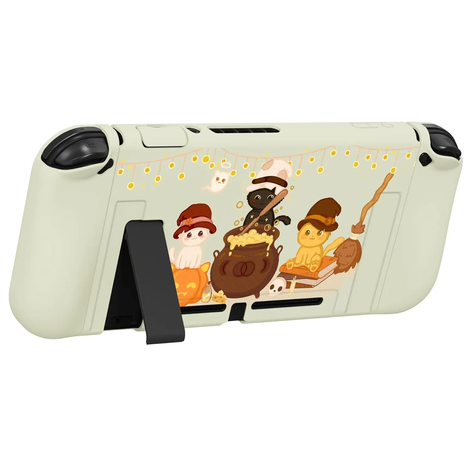 PlayVital ZealProtect Soft Protective Case for Nintendo Switch, Flexible Cover Protector for Switch with Screen Protector & Thumb Grip Caps & ABXY Direction Button Caps - Triplets Pumpkin Cats