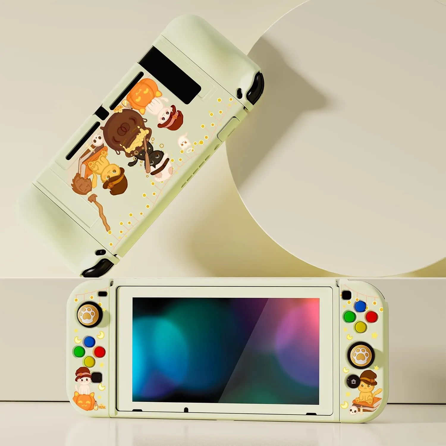 PlayVital ZealProtect Soft Protective Case for Nintendo Switch, Flexible Cover Protector for Switch with Screen Protector & Thumb Grip Caps & ABXY Direction Button Caps - Triplets Pumpkin Cats