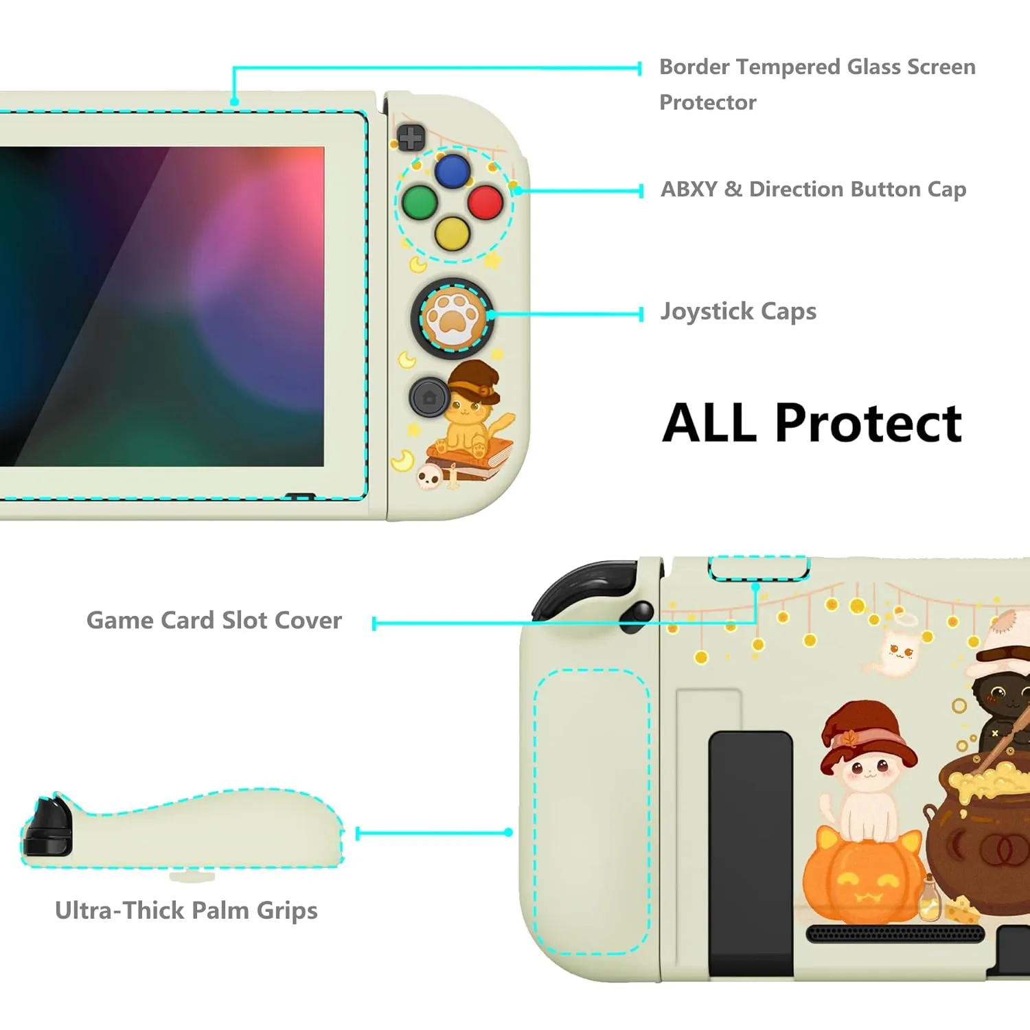 PlayVital ZealProtect Soft Protective Case for Nintendo Switch, Flexible Cover Protector for Switch with Screen Protector & Thumb Grip Caps & ABXY Direction Button Caps - Triplets Pumpkin Cats