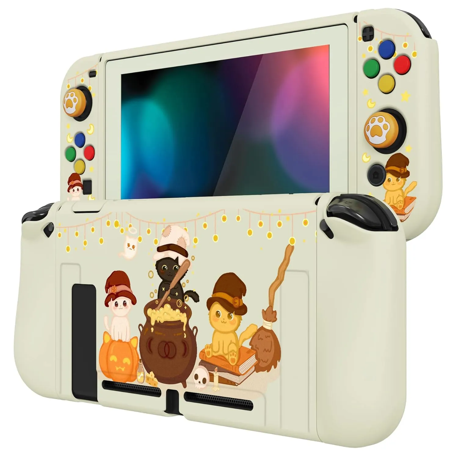 PlayVital ZealProtect Soft Protective Case for Nintendo Switch, Flexible Cover Protector for Switch with Screen Protector & Thumb Grip Caps & ABXY Direction Button Caps - Triplets Pumpkin Cats