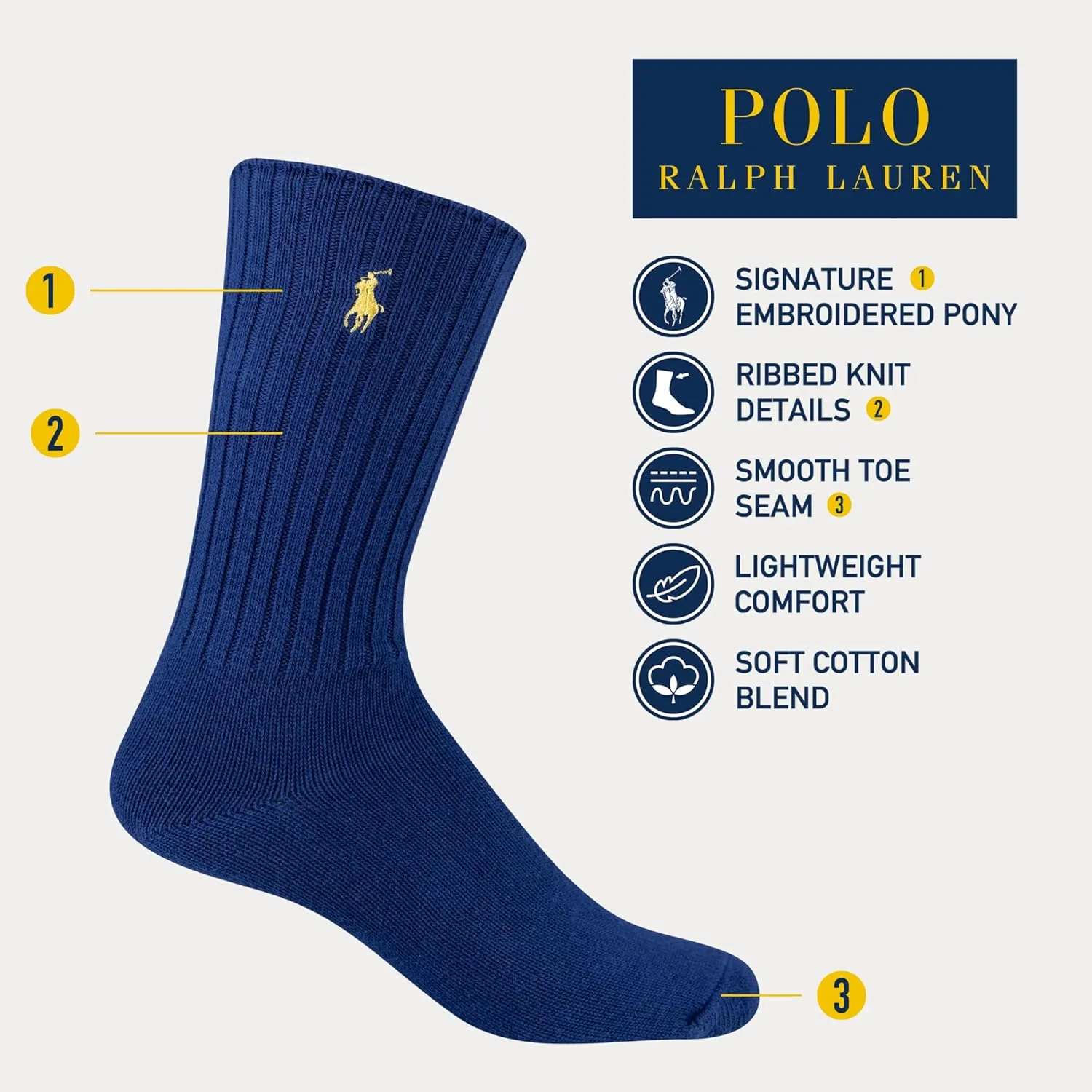 POLO RALPH LAUREN Mens Cotton Ribbed Dress Crew Socks 1 Pair Pack Solid Color Cushioned Comfort
