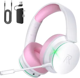RYR Wireless Gaming Headset for Xbox Series X|S, Xbox One, PS5, PS4, Mac, Bluetooth 5.3, 3D Surround Sound, Rotatable Earmuffs, Gaming Headphones with Noise Canceling Microphones-Pinkwhite